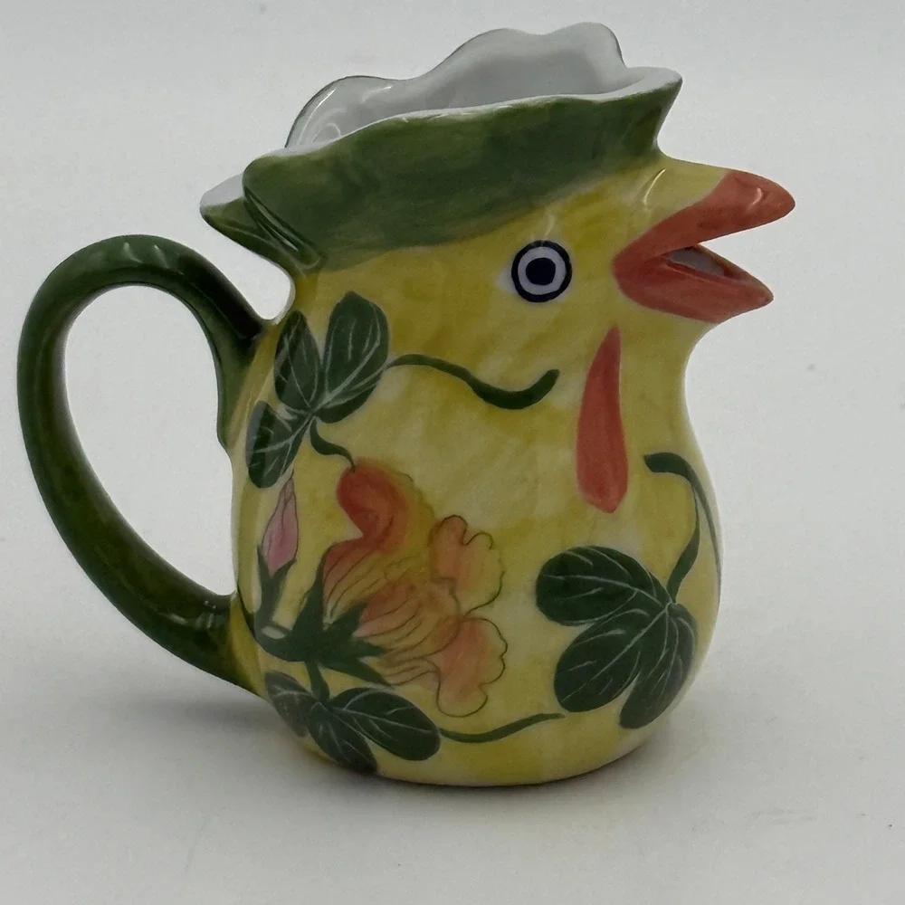 Vtg Ceramic Chicken Creamer Pitcher Yellow Floral Hand Painted Farmhouse 3.5